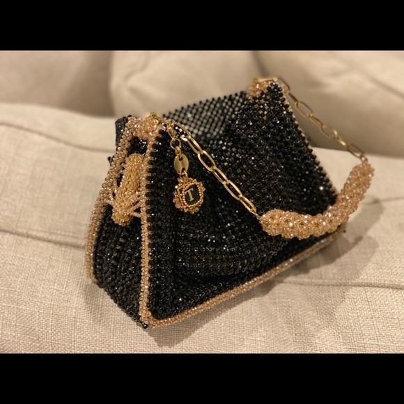 Gorgeous Black and Gold Fully Beaded Gem Clutch Shoulder Bag - Picture 8 of 14